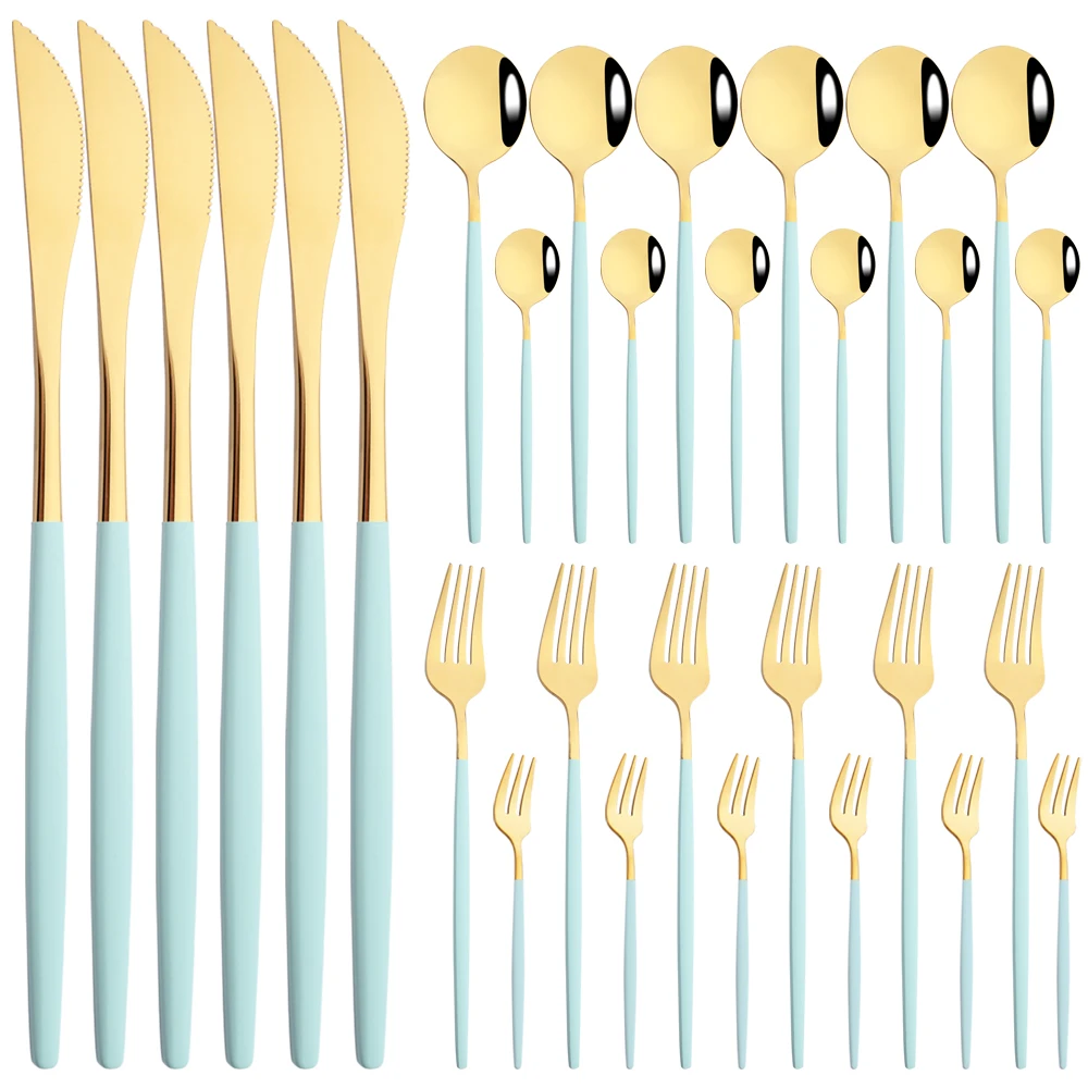 

6People/30Pcs Mint Gold Dinnerware Set Knife Cake Fork Spoons Cutlery Set Stainless Steel Silverware Kitchen Flatware Tableware