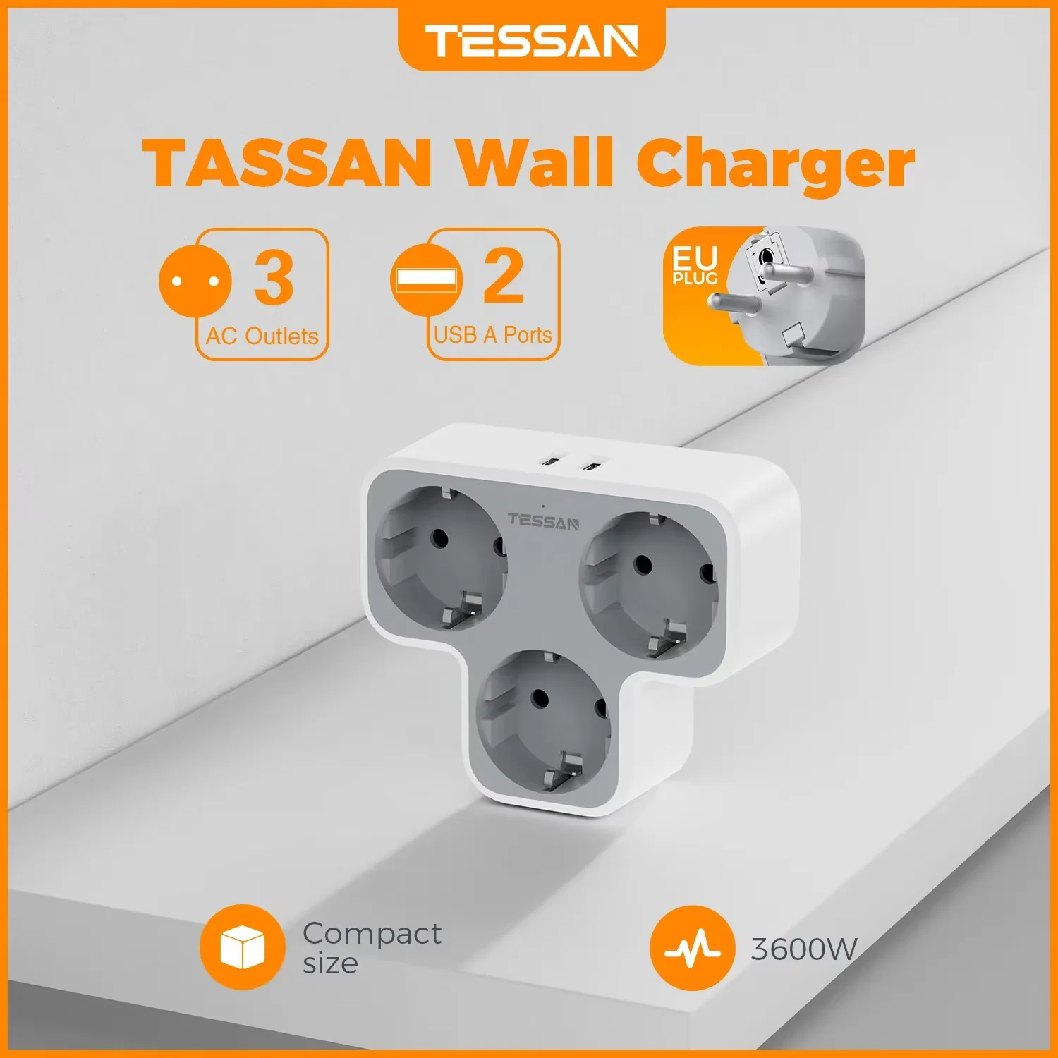 TESSAN Wall Multi-Socket Charger with 3 Shucko Sockets and 2 USB Ports EU Plug Wall Socket with Indicator Light for Home Office power strip