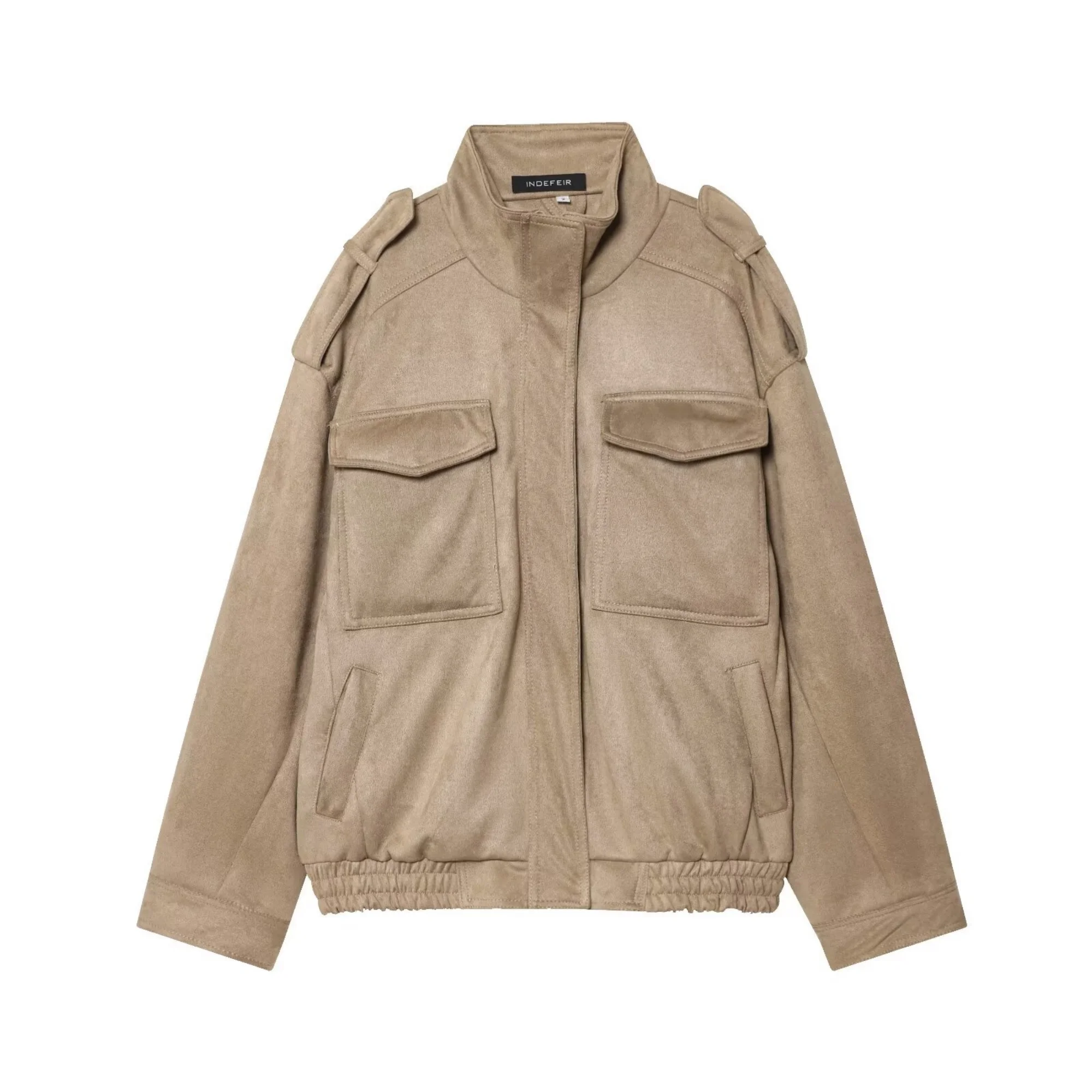 Women's Autumn Street Fashion Suede Textured Leather Jacket Coat Solid Long Sleeves High Neck With Pockets Female Vintage Coats