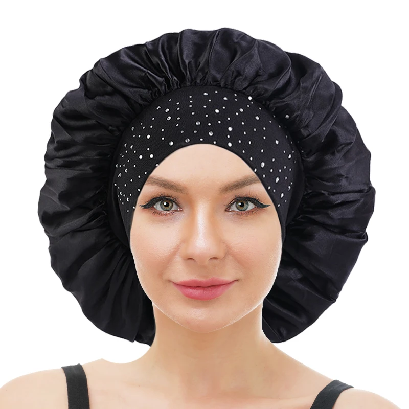 

New Women Satin Night Sleep Cap Hair Bonnet Hat reathable Fabric Rhinestone Women Sleeping Hat for Travel Thick Shower Cap