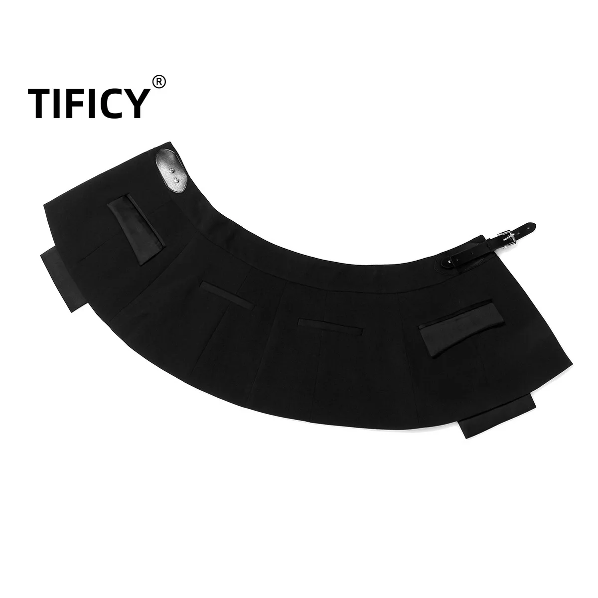 Tificy Leather Belt Short Skirt Waist Cover+with Drop Feel Wide Leg Pants Women's Two Piece Set  Black