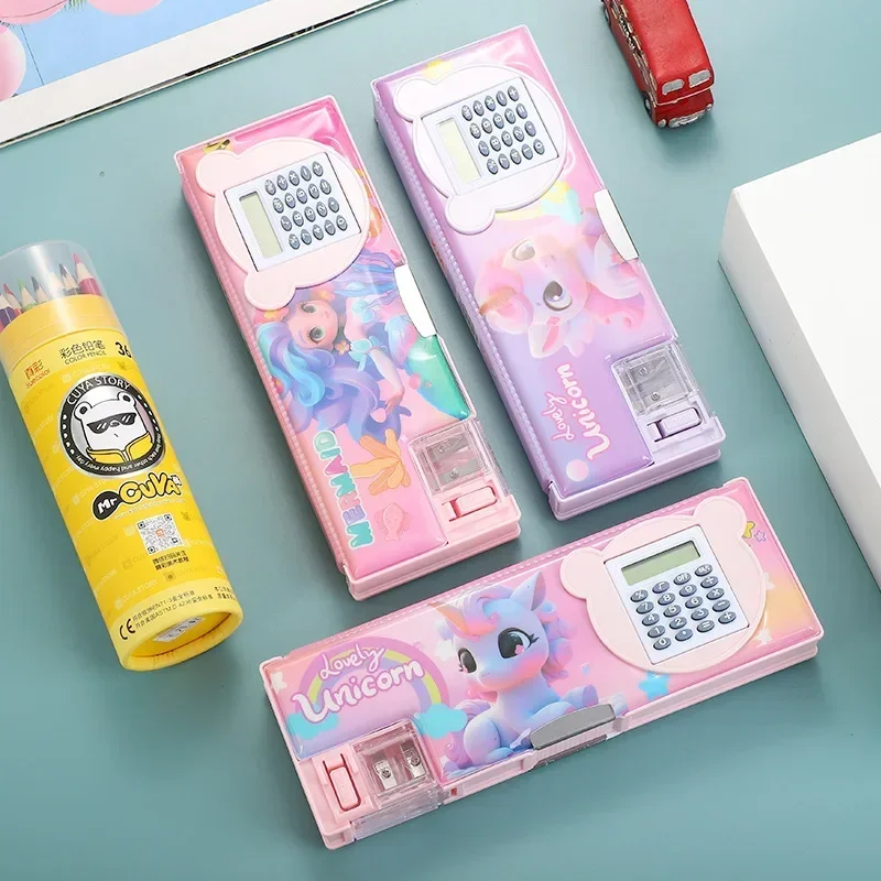 Creative Dual Use Pencil Case Calculator Cartoon Multifunctional Large Capacity Double-layer Pen Storage Box Astronauts Cute