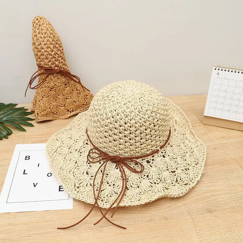 Woman Wide Brim Sun Hat Summer Women Beach Hat Girls Seaside Travel Foldable Straw Hat Sunscreen UV Protection Lady Cap