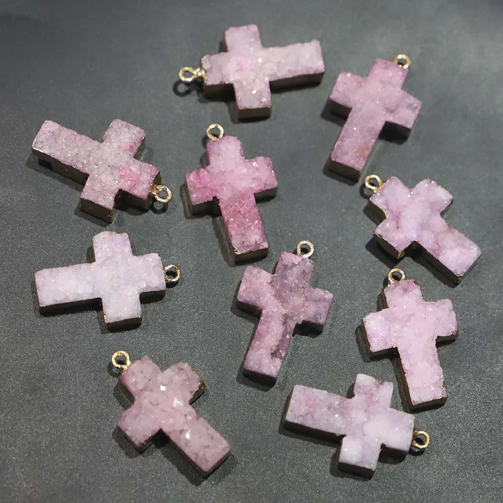 Natural Stone Pink Agates Druzy Cross Necklace Pendants Unisex Charms DIY Fashion Making Jewelry Gift Accessories Wholesale 6Pcs