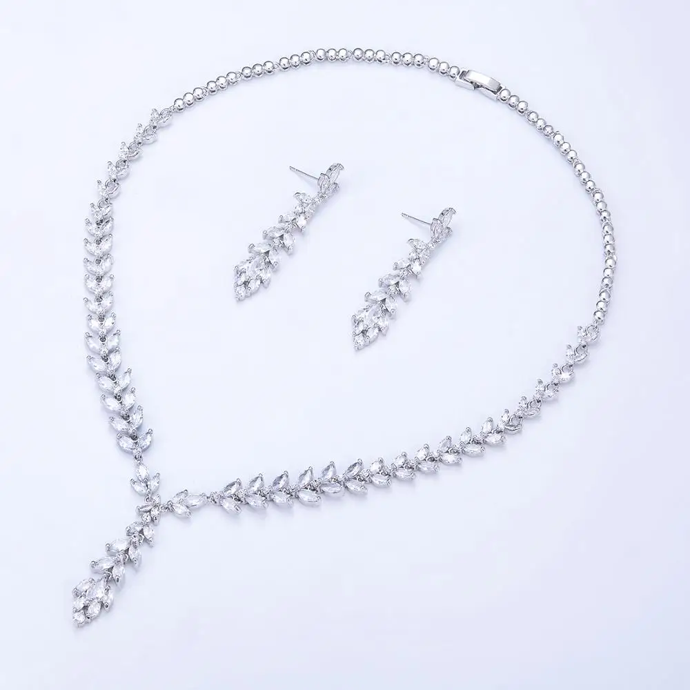 Full 5A Cubic Zirconia Wheat Design Bridal Wedding Necklace Earring Set Top Quality Women Prom Party Jewelry Sets CN10145