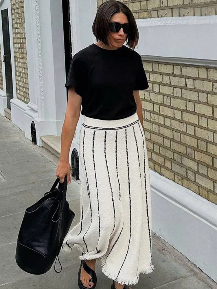 TARUXY Striped Knitted Long Skirt Women Summer Tassel High Waist Maxi Skirts Women's Autumn Street Elegant Loose Skirts Female