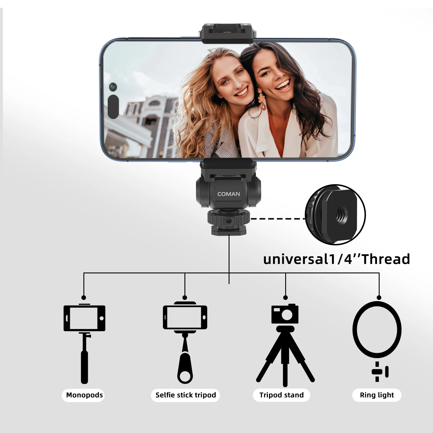 COMAN EX380 Phone Tripod Mount Holder Stand Adapter For Smartphone Adapter With 2 Cold Shoe 1/4" Screw Mount For Fill Light Mic