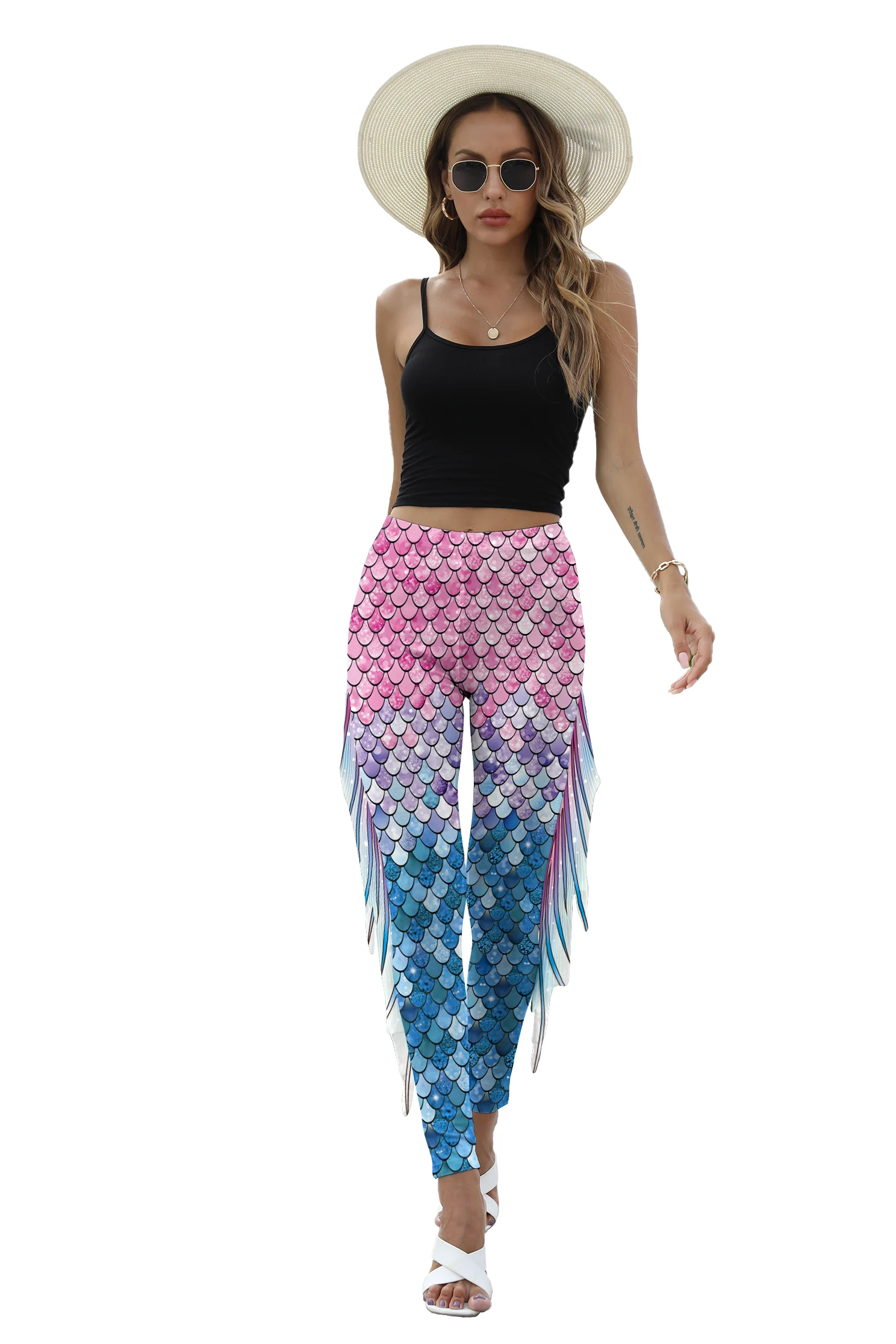 NADANBAO Damen-Leggings mit Meerjungfrauen-Print, Fischschuppen-3D-Muster, mittelhohe Taille, modische Hose, Sommer-Streetwear – Detail 19