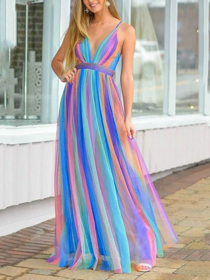 formal rainbow dress women Women Rainbow Summer Dress Clothes Rainbow Ruffle Strap Dress