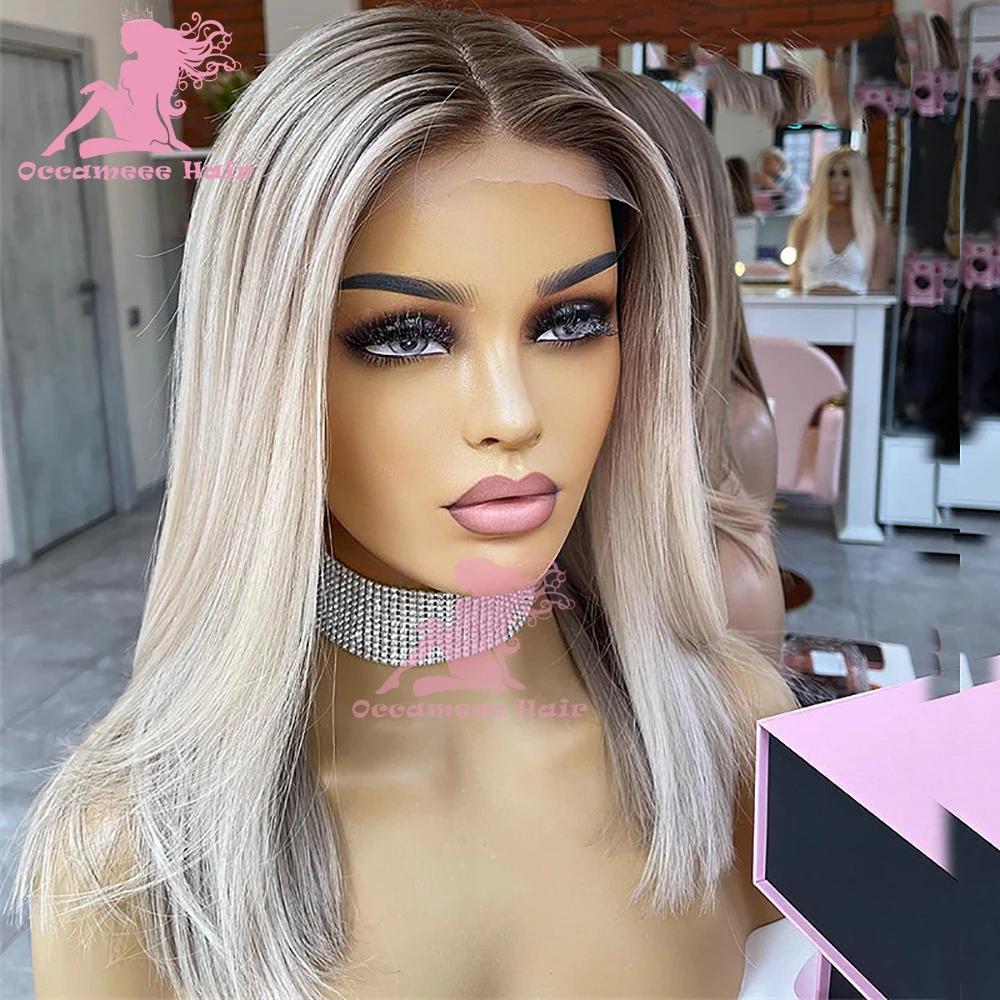 Perruque Bob Lace Front Wig Remy Brésilienne Naturelle, Cheveux Lisses, Couleur Blond Ombré, Bords Complets, à Reflets, pour Femme