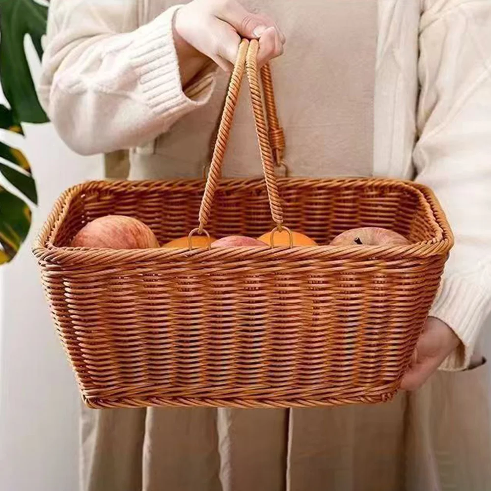 Imitation Vine Weaving Picnic Basket Food Storage Baskets Flowerpot Fruit Vegetable Container Home Kitchen Decor Organization