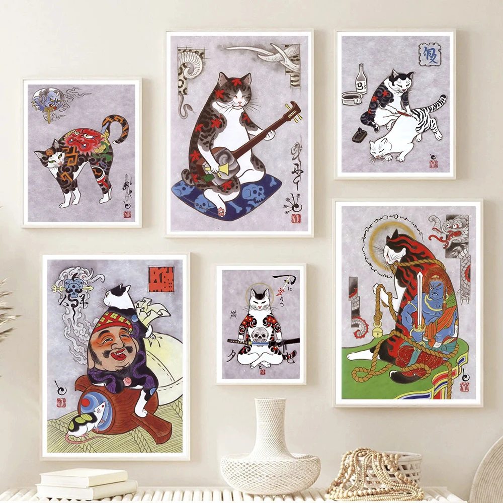 

Japanese Samurai Cat Tattoo Cat Vintage Poster Wall Art Canvas Painting Living Room Decoration Bedroom Print Picture Cuadros