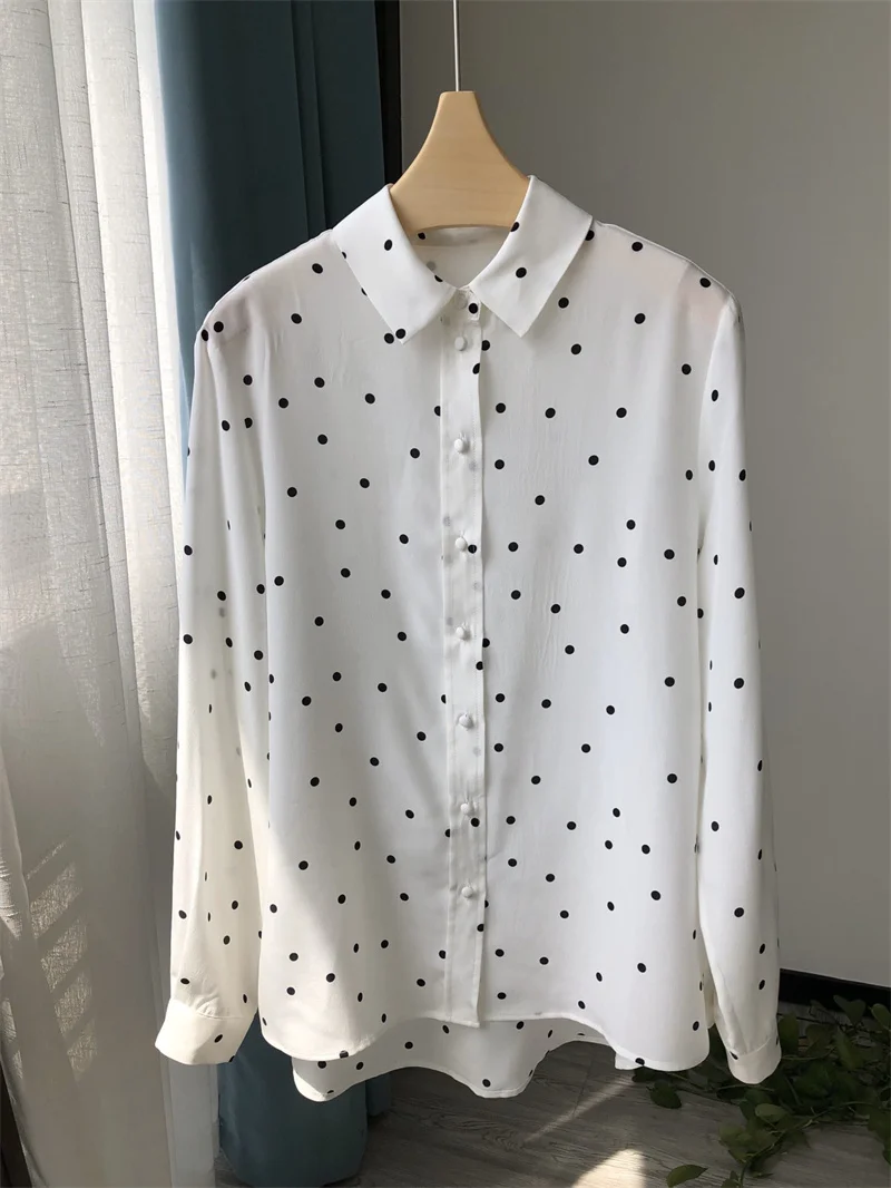 

Polka Dot Printed Ladies Elegant Shirt Summer New Turn-Down Collar Simple Single Breasted 100% Silk Women's Long Sleeve Blouse