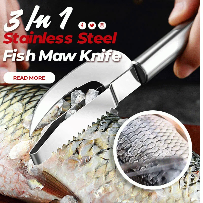 3 In 1 Fish Scale Knife Cut/Scrape/Dig Maw Knife Stainless Steel Scale