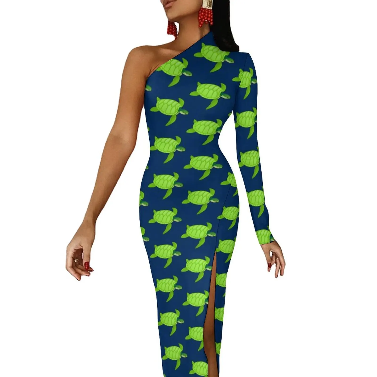 

Green Sea Turtles Bodycon Dress Autumn Animal Trendy Side Split Long Dresses Long Sleeve Graphic Streetwear Dress