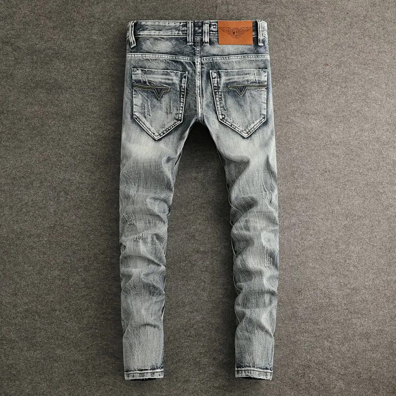 Street Fashion Men Jeans Retro Washed Blue Stretch Slim Fit Vintage Ripped Jeans Men Patched Designer Hop Hop Denim Pants Hombre