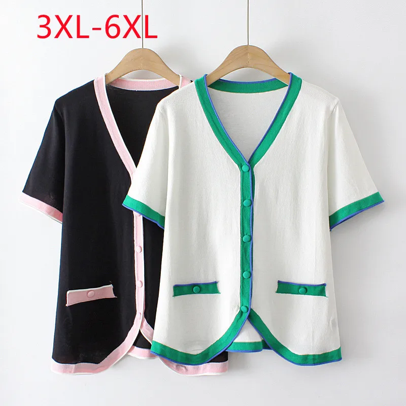 

Large Womens 2022 summer loose slim V-neck fashion short sleeve Plus Size cardigan 3XL 4XL 5XL 6xl