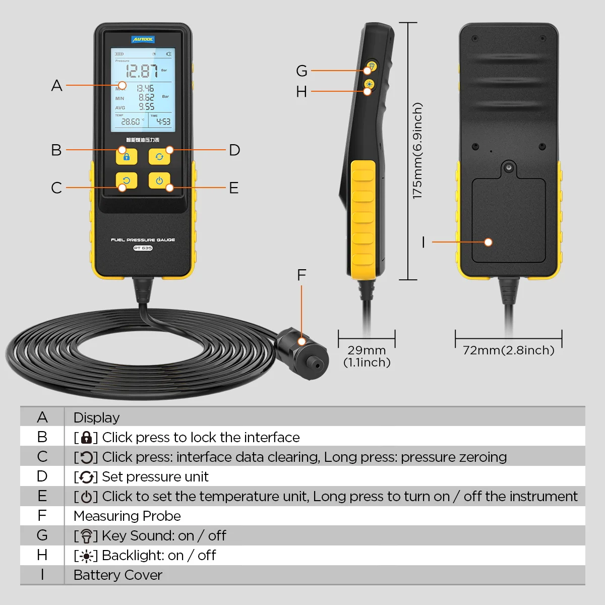 자동차 연료 압력 게이지 테스터 0-426 PSI AUTOOL PT635 오토바이 자동차 트럭용 디지털 디스플레이 진단 도구 키트