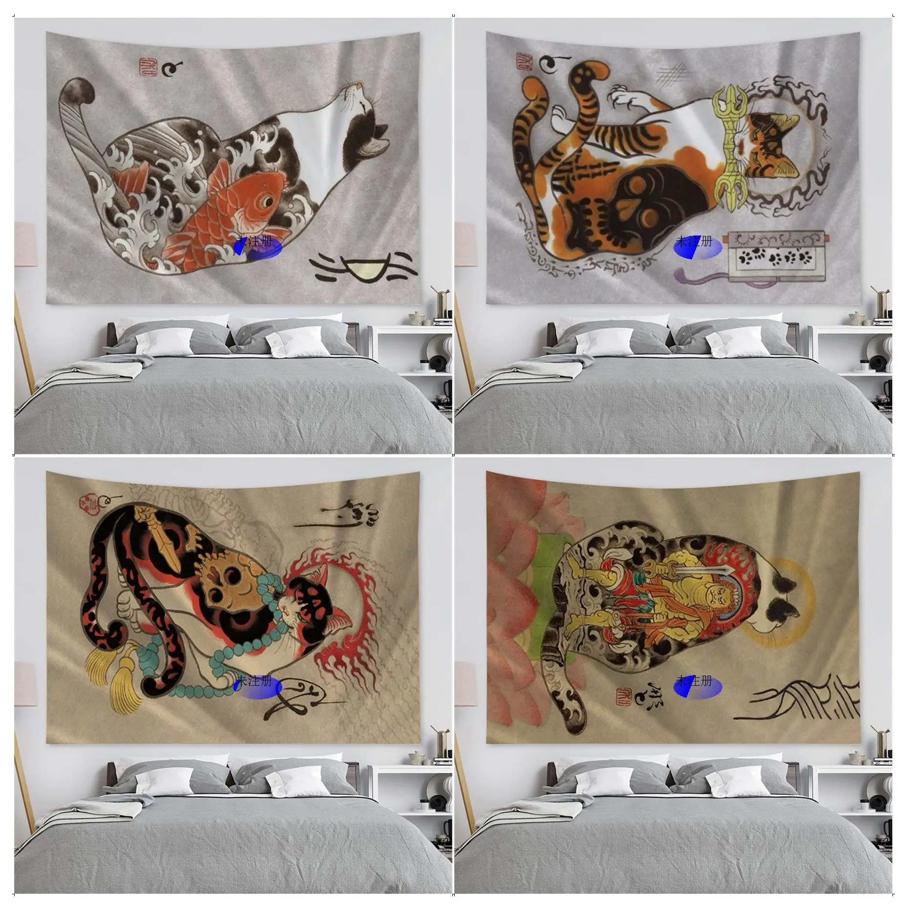 

Japanese Samurai Cat Hanging Bohemian Tapestry Indian Buddha Wall Decoration Witchcraft Bohemian Hippie Wall Hanging Sheets