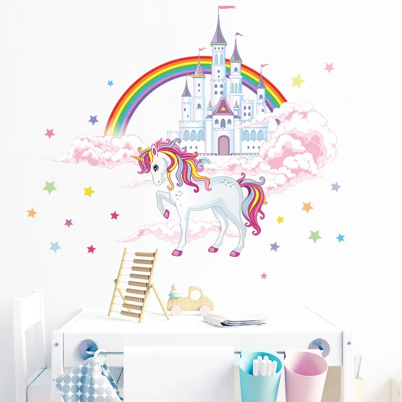 New Watercolor Cartoon Cloud Castle White Horse Wall Sticker Kindergarten Scene Layout Wallpapers