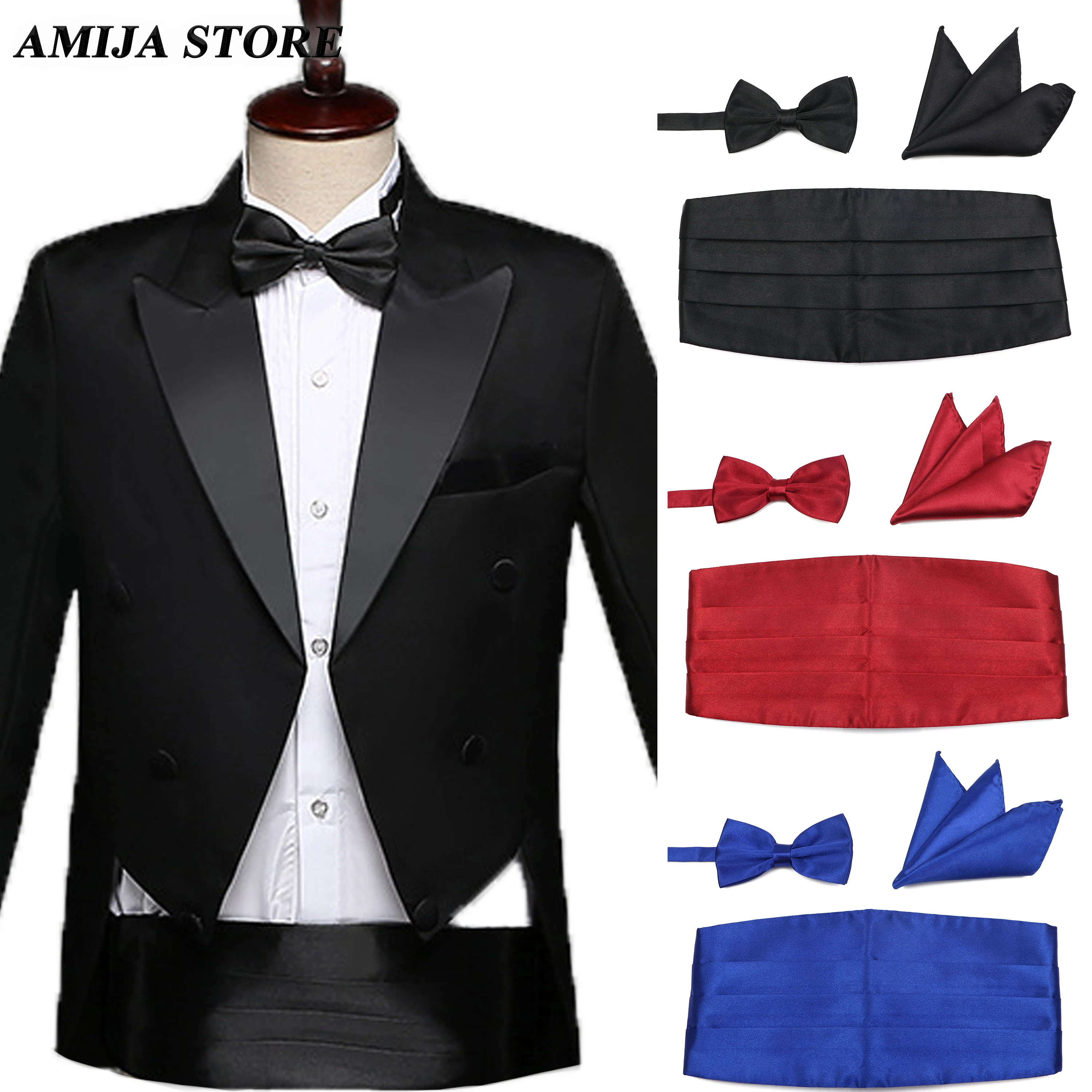 Colorful Mens Cummerbunds Bow Tie Pocket Square Set Black Red Waist