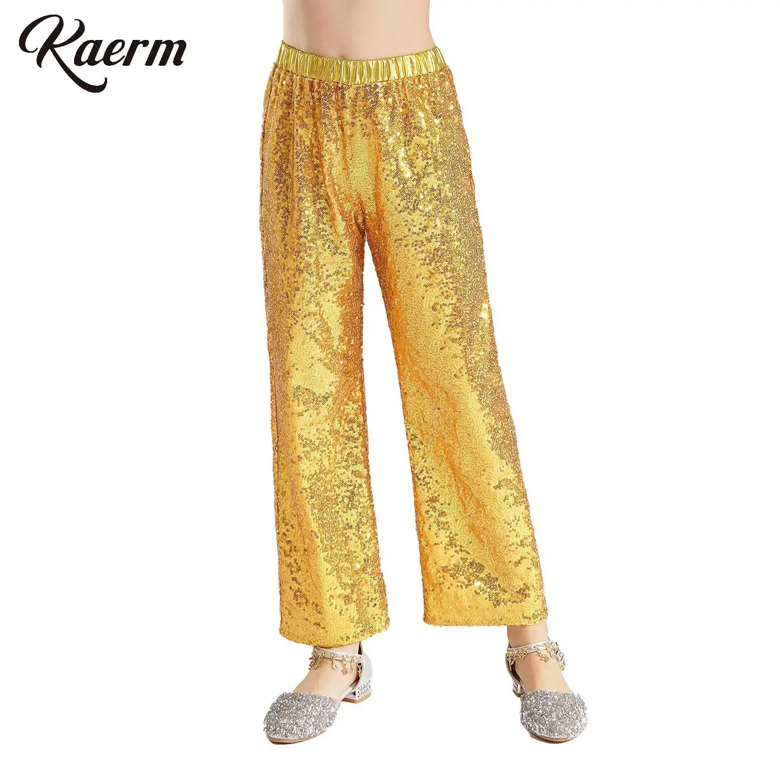 

Kids Girls Jazz Dance Stage Performance Costumes Sequin Pants High Waist Elastic Waistband Loose Trousers for Party School Show