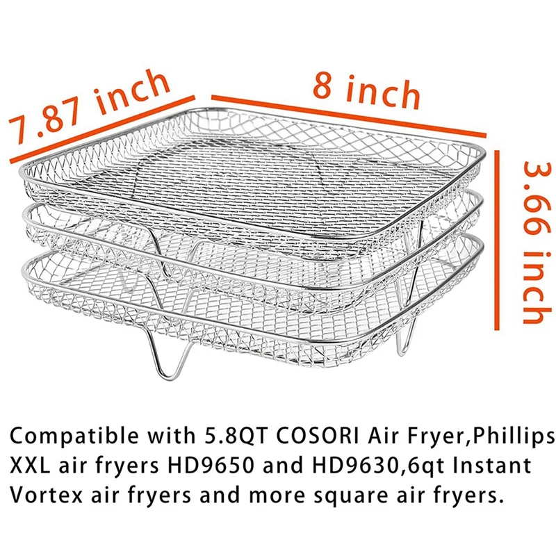 8 Inch Air Fryer Rack Square Three Stackable Racks,Stainless Steel Multi-Layer Dehydrator Rack,Air Fryer Accessories