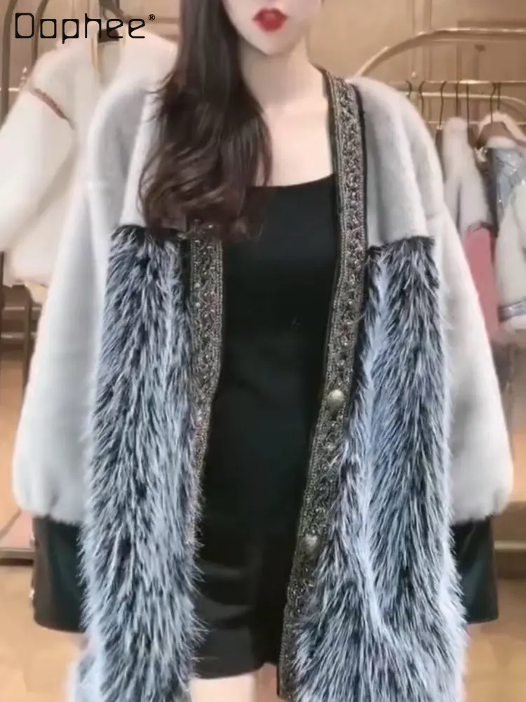 

Elegant Long Sleeve Faux Fur Coat Women Casual Trend Women's Double Face Wool Leather Warm Sequins Beaded Jacket Winter 2023 New