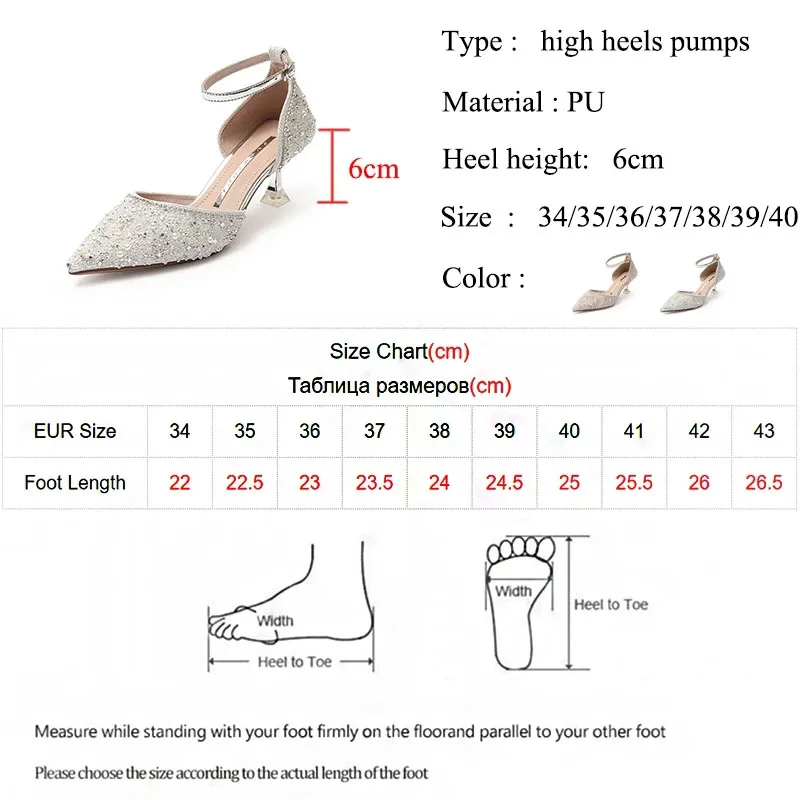 Rimocy Bling Shiny Women Pumps 2022 New Ankle Strap Crystal High Heels Shoes Woman Pointed Toe Thin Heel Wedding Party Shoes 6