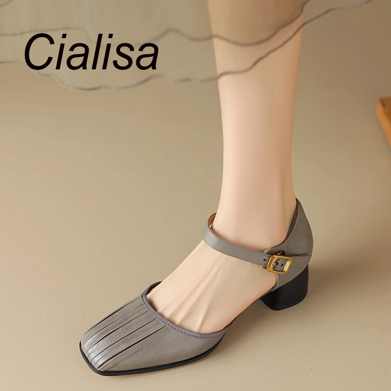 

Cialisa Women Sandal New Fashion Pleated Genuine Leather Summer Shoes Buckle Strap Dress Handmade Female Mid Heels Sandals 2023