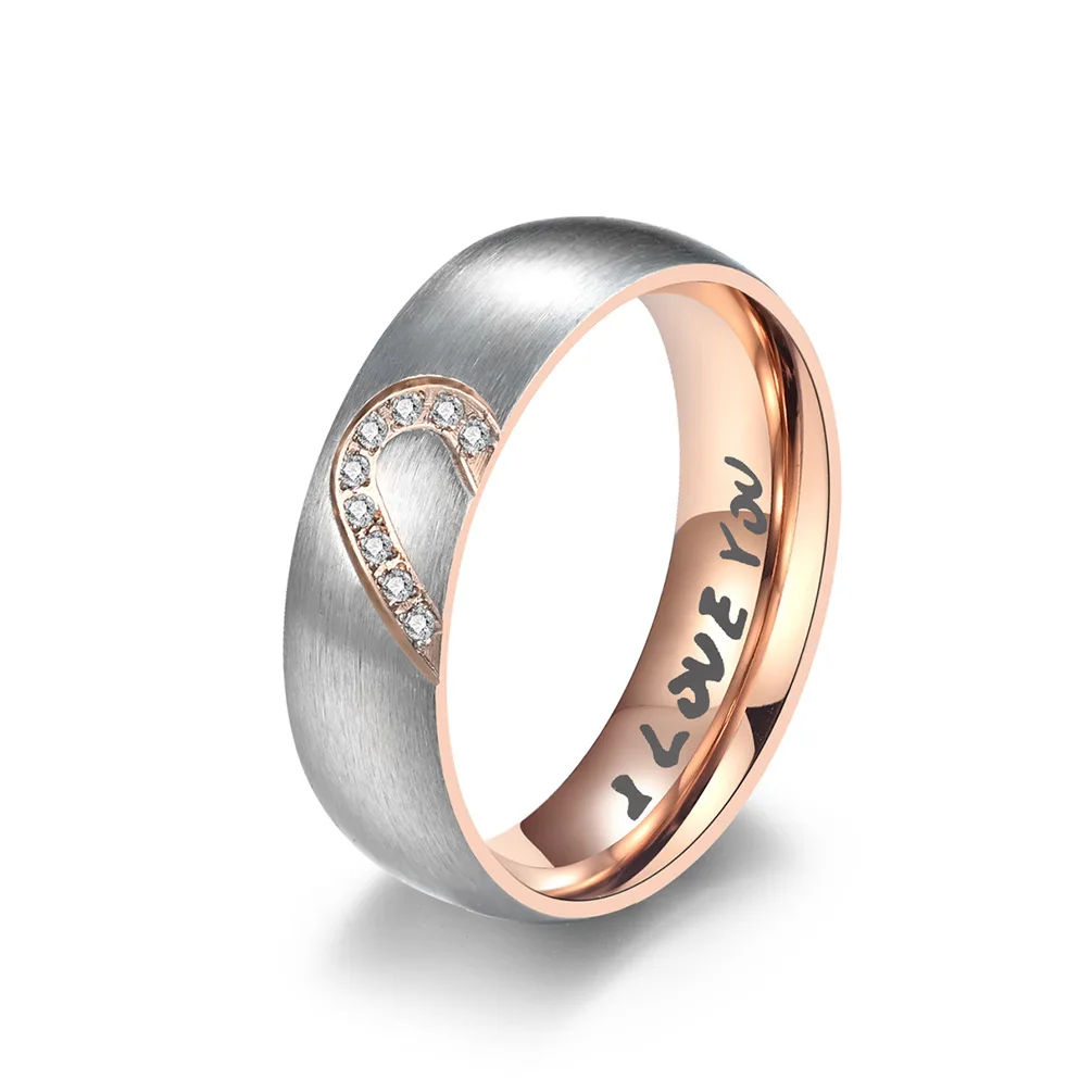 Elegant Rose Gold & Black Heart Promise Rings - Stainless Steel Couples Jewelry