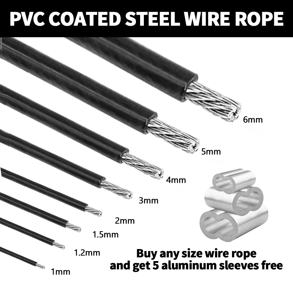 2/3/4/5/6mm Coated PVC Plastic 304 Stainless Steel Wire Rope Cable 5M/10M/50M/100M stainless steel wire rope steel wire rope