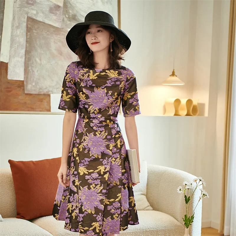

Summer Jacquard Dress Vintage Knee-Length Dress Party Evening Clothing Floral Slim Waist Dress Birthday Gift for Women