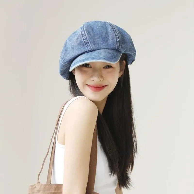 Autumn hats for women Washed denim fabric octagonal hat fashionable and versatile artistic painter hat newsboy cap women hats