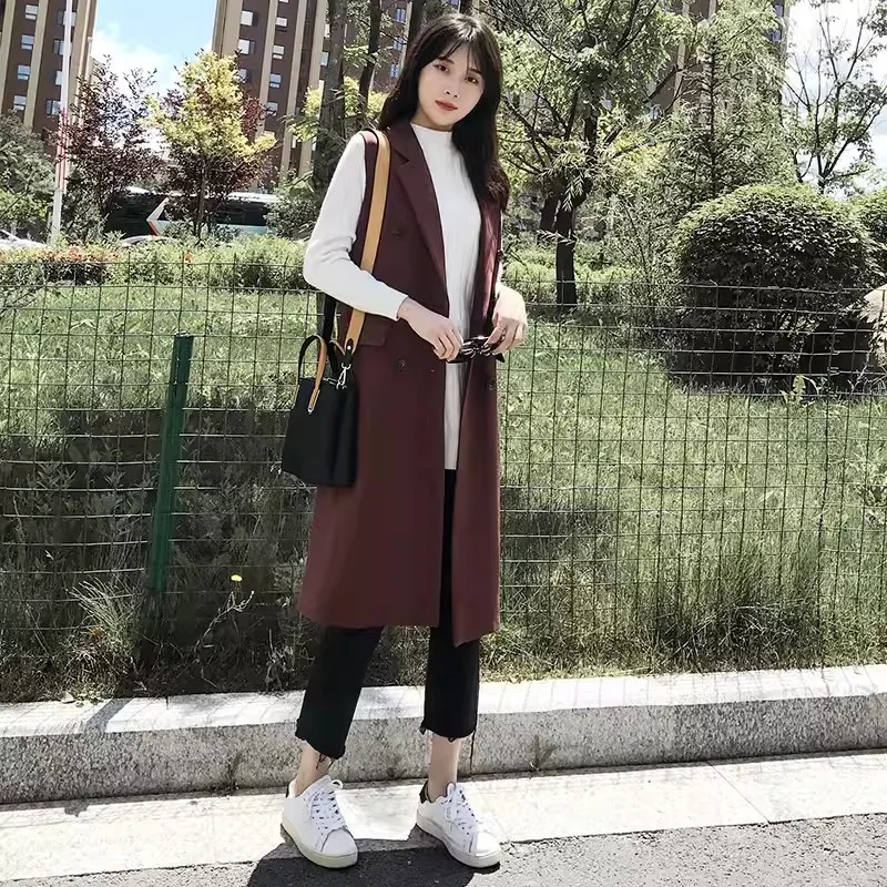 Knee Length Vest Women's Coat Loose and Slimming Korean Version Medium Length Sleeveless Suit Internet Red Vest Vest Vest Jacket
