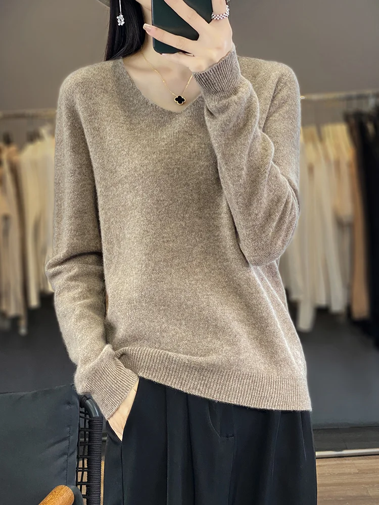 

Wool Women's Sweater 2023 Autumn Winter Knitted Pullovers V-neck Slim Fit Bottoming Shirt Solid Soft Knitwear Jumpers Basic Tops