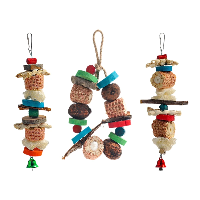 Bird Parrot Chewing Toy Natural Corn Cob Loofah Logs Bark Fruit Wood Combination for Birdcage Hanging Decoration