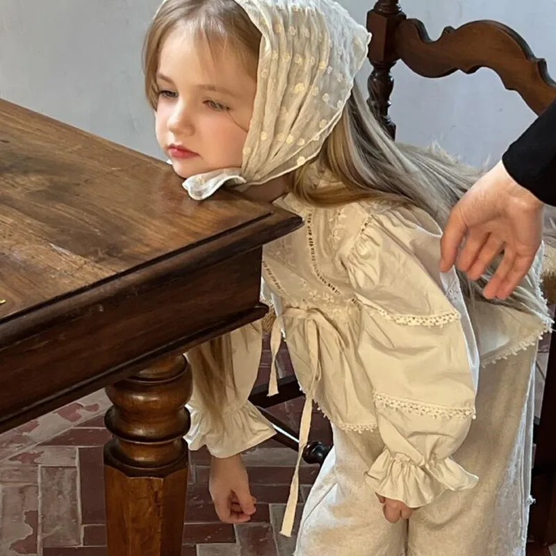 New Stlye Girls Lace Shirt Spring Cotton Full Sleeve Fashion Girls Blouse 2-7 year WW135
