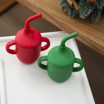 Color Kids 1PC Baby Feeding Straw Cup Double Handle BPA Free Infant Silicone Learning Cup Training Drinking Water Christmas Gift