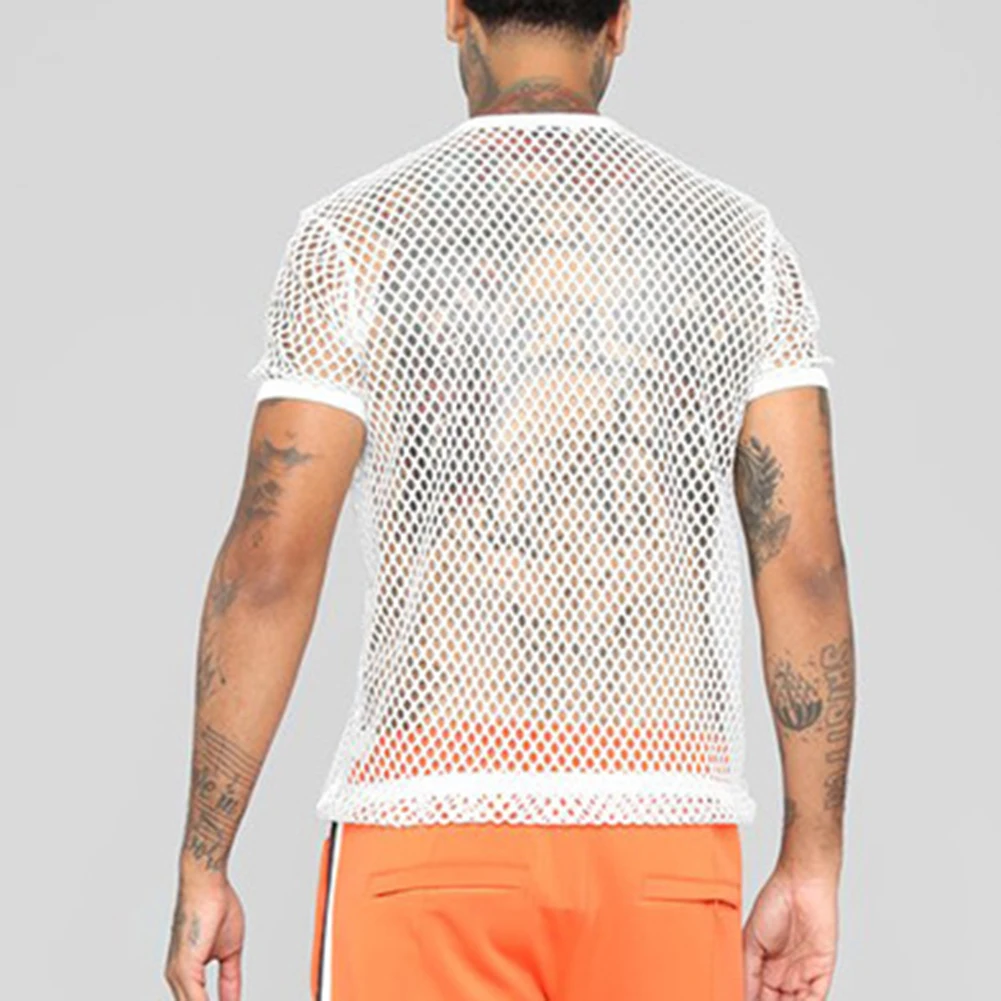 

Tee Men Shirts Summer Sexy Sheer Shirt Short Sleeve Spring T Shirts Tops Autumn Transparent Crew Neck Hollow Mesh