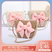 Summer Children Girl Straw Bag Kid Cute Pink Bow Handmade Woven Messenger Bags Storage Basket Crossbody Handbag Photo Props Gift 1