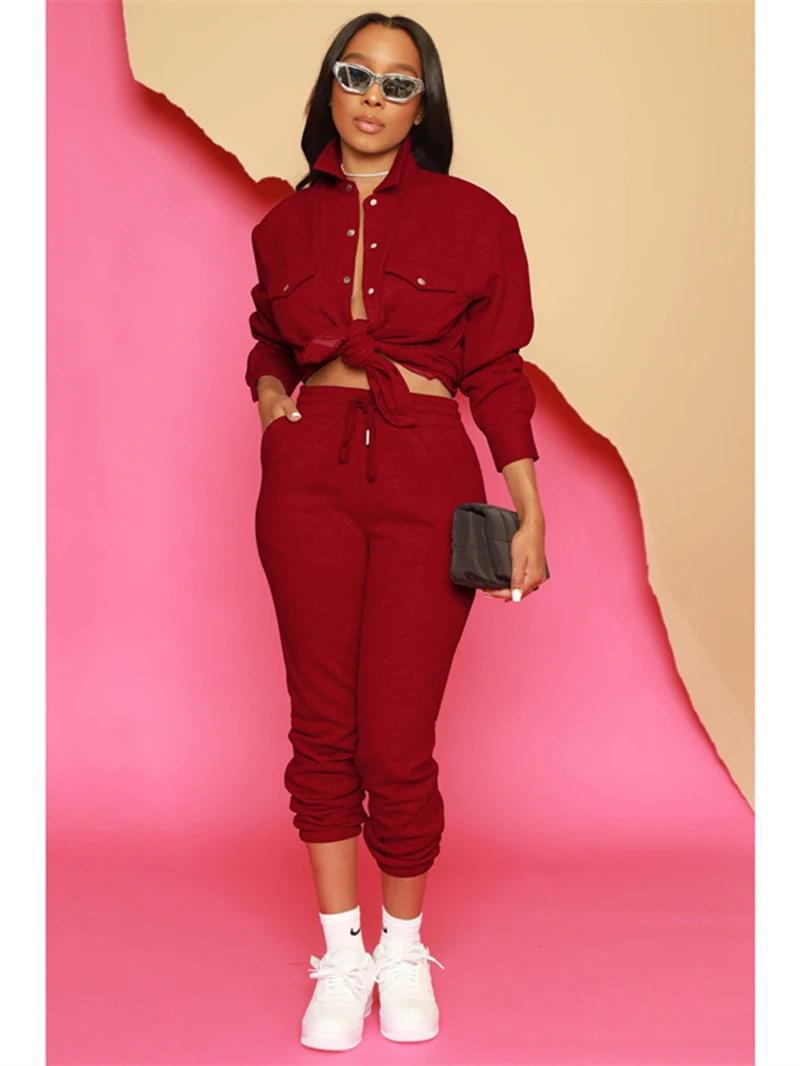 

Женский спортивный костюм из двух предметов, Однотонная рубашка и брюки, комплект одежды для осени