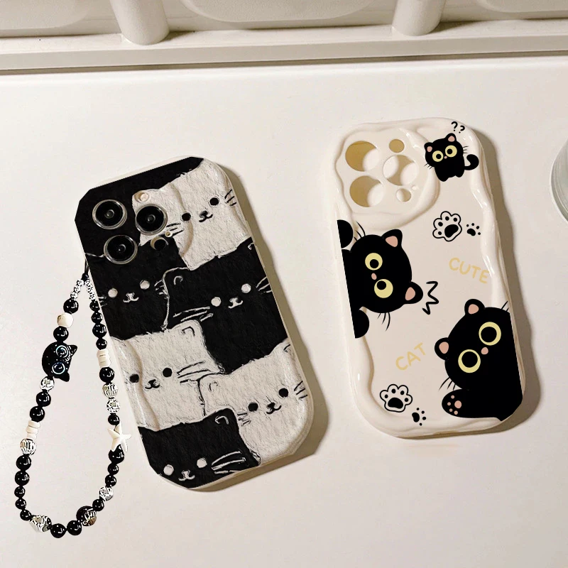 Elegant Black Cat Pearl Chain Phone Case