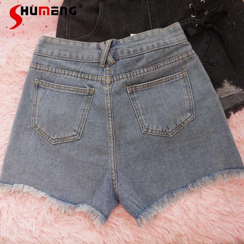 Sweet Girl Bow Bandage Ripped Jean Shorts for Women Student 2024 Summer New Loose High Waist Wide-Leg A- Line Black Denim Shorts