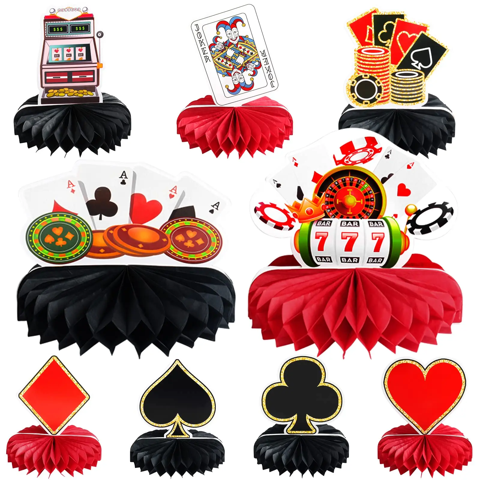 

9 Pcs Casino Theme Party Decor 3D Honeycomb Casino Table Centerpieces Game Night Favor Casino Poker Red Black Birthday Supplies