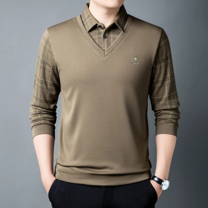Polo a maniche lunghe da uomo nuova stampa artigianale finta due pezzi primavera e autunno colletto che dimagrisce Polo a maniche lunghe da uomo - immagine 3