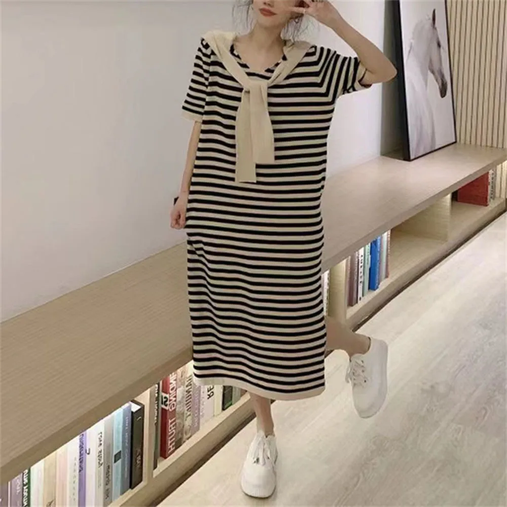 

Casual Stripes Knitted Dress Women's Thin Summer Half Sleeves V-neck Lace Up Hoodie Design Loose Straight Calf-Length Dress