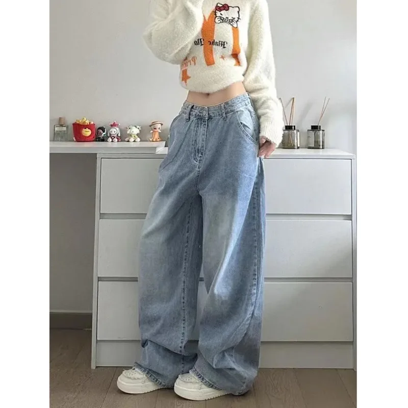 헬로 키티 산리오 Y2k 데님 바지, 레트로 레터 자수 청바지, 하이웨이스트 루즈 와이드 레그 팬츠, 하이 스트리트 팬츠