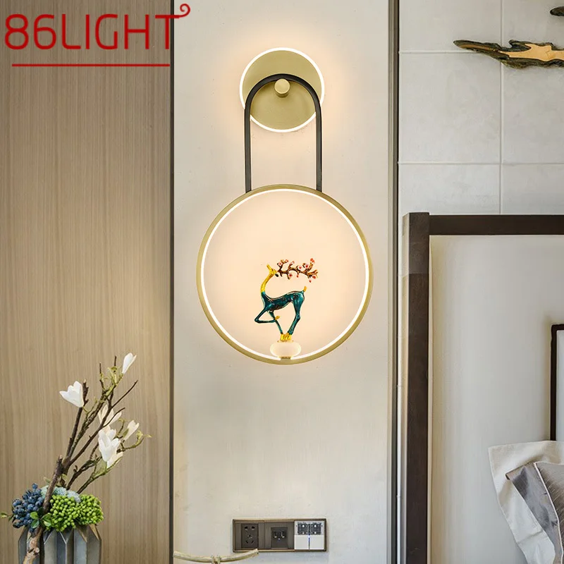 

86LIGHT Chinese Style Brass Wall Lamp LED 3 Colors Vintage Creative Deer Sconce Light For Home Living Room Bedroom Bedside