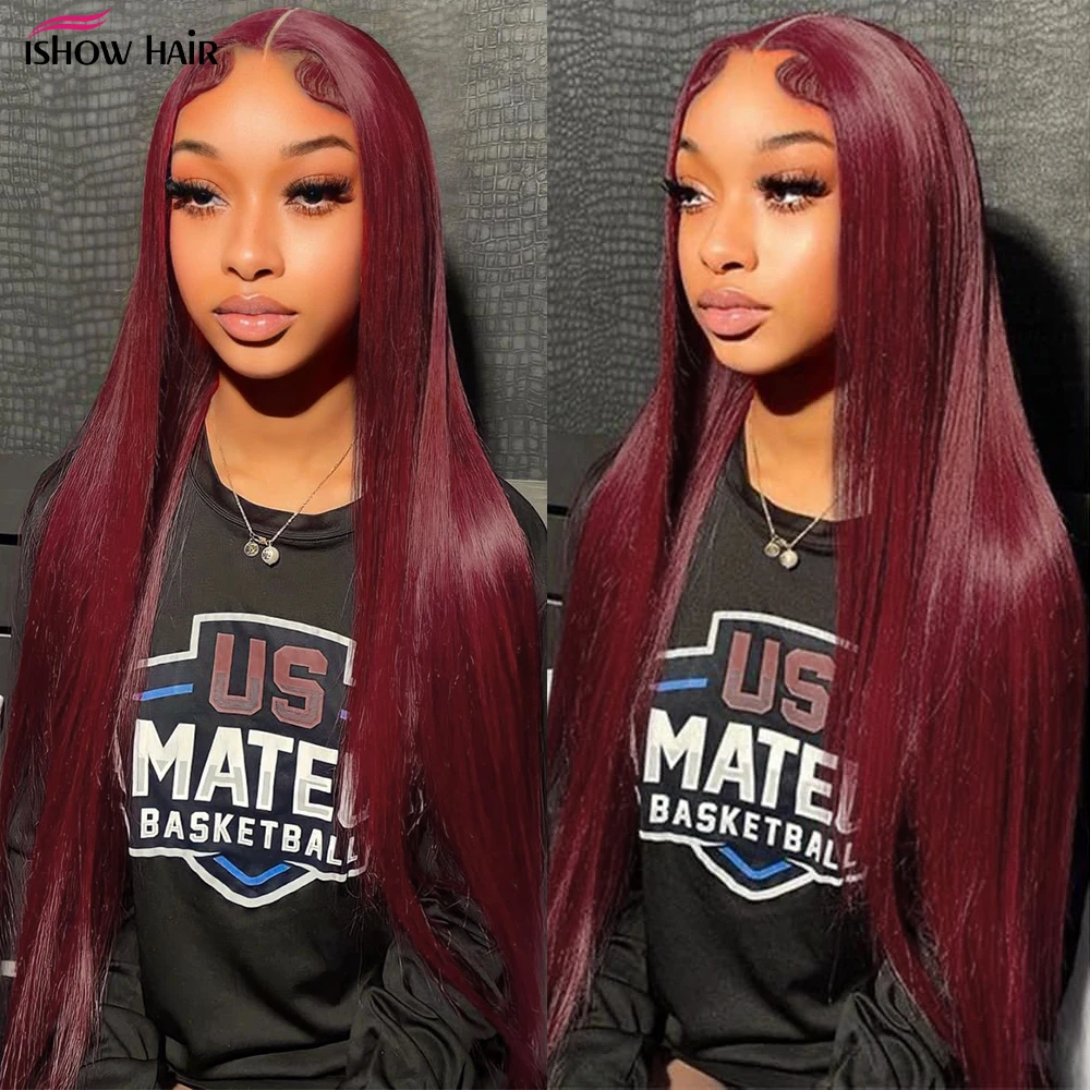

Glueless 99J HD Straight Lace Frontal Wig Burgundy 13x4 Transparent Lace Front Human Hair Wigs For Women Pre Plucked Remy Hair